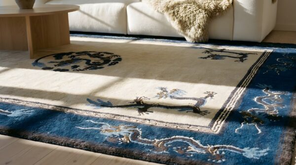 Chinese antique knotted 1900s rectangle wool - peking room size ivory rug (sku 25349) - in-room detail