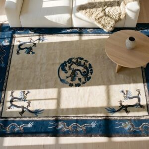 Chinese Antique Knotted 1900s Rectangle Wool - Peking Room Size Ivory Rug (SKU 25349) - styled overhead view