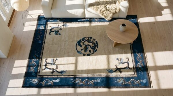 Chinese antique knotted 1900s rectangle wool - peking room size ivory rug (sku 25349) - styled overhead view