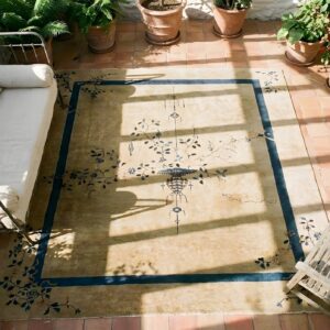 Chinese 1920s Antique Knotted - Art Deco Rectangle Ivory Room Size Wool Rug (SKU 25428) - styled overhead view
