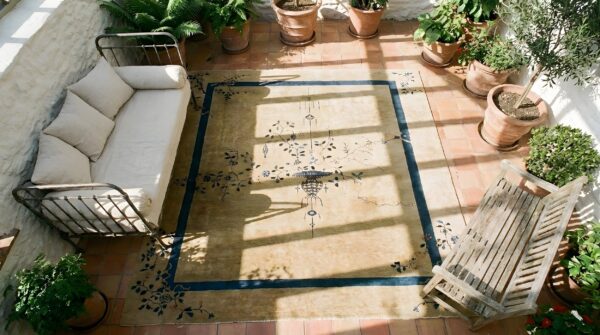 Chinese 1920s antique knotted - art deco rectangle ivory room size wool rug 2 Chinese 1920s antique knotted - art deco rectangle ivory room size wool rug (sku 25428) - styled overhead view