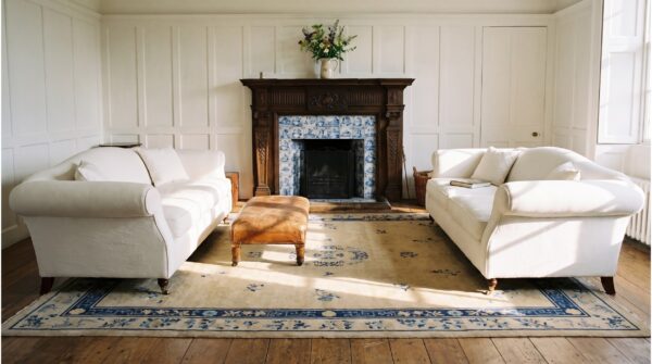 Chinese wool 1920s antique ivory room size knotted rectangle - peking rug 9 Chinese wool 1920s antique ivory room size knotted rectangle - peking rug (sku 23288) - room view