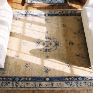 Chinese Wool 1920s Antique Ivory Room Size Knotted Rectangle - Peking Rug (SKU 23288) - styled overhead view