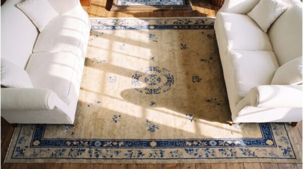 Chinese wool 1920s antique ivory room size knotted rectangle - peking rug 2 Chinese wool 1920s antique ivory room size knotted rectangle - peking rug (sku 23288) - styled overhead view