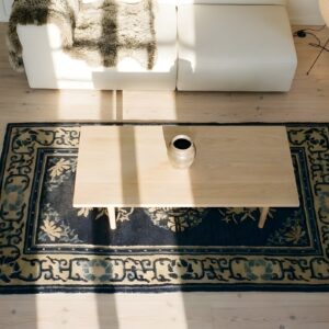 Chinese Wool 1920s Rectangle Small Scatter Size Knotted - Peking Antique Blue Rug (SKU 23547) - styled overhead view