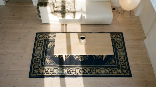 Chinese wool 1920s rectangle small scatter size knotted - peking antique blue rug 2 Chinese wool 1920s rectangle small scatter size knotted - peking antique blue rug (sku 23547) - styled overhead view