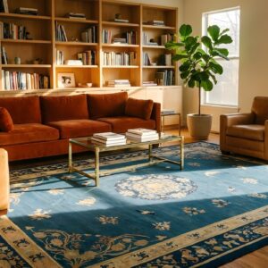 Chinese Antique Knotted 1930s Wool Rectangle Blue Room Size - Peking Rug (SKU 23539) - room view