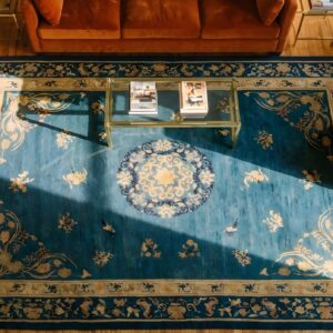 Chinese Antique Knotted 1930s Wool Rectangle Blue Room Size - Peking Rug (SKU 23539) - styled overhead view