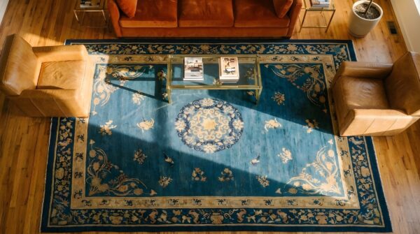 Chinese antique knotted 1930s wool rectangle blue room size - peking rug 2 Chinese antique knotted 1930s wool rectangle blue room size - peking rug (sku 23539) - styled overhead view