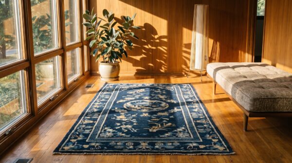 Chinese 1930s rectangle peking blue knotted small scatter size wool antique rug 7 Chinese 1930s rectangle peking blue knotted small scatter size wool antique rug (sku 22389) - room view