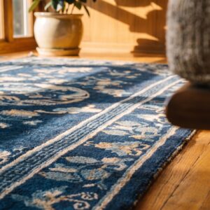 Chinese 1930s Rectangle Peking Blue Knotted Small Scatter Size Wool Antique Rug (SKU 22389) - in-room detail