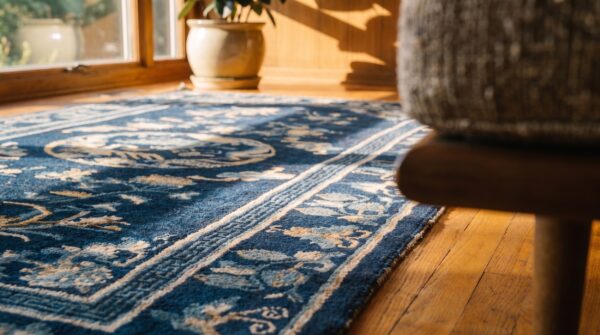 Chinese 1930s rectangle peking blue knotted small scatter size wool antique rug 8 Chinese 1930s rectangle peking blue knotted small scatter size wool antique rug (sku 22389) - in-room detail