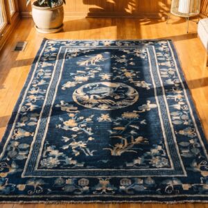 Chinese 1930s Rectangle Peking Blue Knotted Small Scatter Size Wool Antique Rug (SKU 22389) - styled overhead view