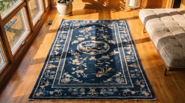 Chinese 1930s rectangle peking blue knotted small scatter size wool antique rug 2 Chinese 1930s rectangle peking blue knotted small scatter size wool antique rug (sku 22389) - styled overhead view