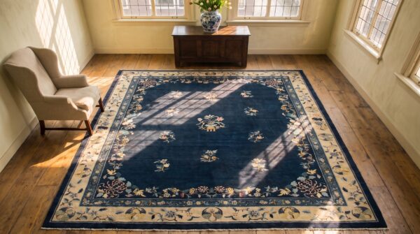 Antique chinese allover floral blue 1920s rug 2 Antique chinese allover floral blue 1920s rug (sku 25113) - styled overhead view