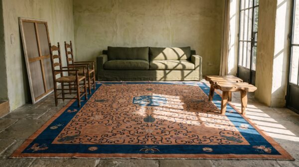 Antique chinese art deco 1920s coral wool knotted room size rug 9 Antique chinese art deco 1920s coral wool knotted room size rug (sku 22649) - room view