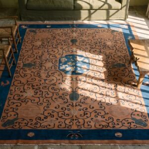 Antique Chinese Art Deco 1920s Coral Wool Knotted Room Size Rug (SKU 22649) - styled overhead view