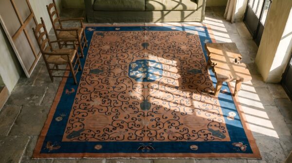 Antique chinese art deco 1920s coral wool knotted room size rug 2 Antique chinese art deco 1920s coral wool knotted room size rug (sku 22649) - styled overhead view