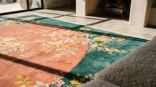 Wool knotted antique chinese - art deco 1920s coral room size rectangle rug 8 Wool knotted antique chinese - art deco 1920s coral room size rectangle rug (sku 22146) - in-room detail