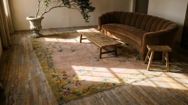 Chinese - art deco 1920s rectangle wool coral room size antique knotted rug 9 Chinese - art deco 1920s rectangle wool coral room size antique knotted rug (sku 25806) - room view