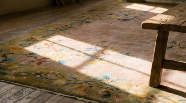 Chinese - art deco 1920s rectangle wool coral room size antique knotted rug 10 Chinese - art deco 1920s rectangle wool coral room size antique knotted rug (sku 25806) - in-room detail