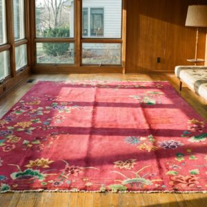 Chinese Art Deco 1920s Antique Rectangle Knotted Room Size Coral Wool Rug (SKU 21964) - room view