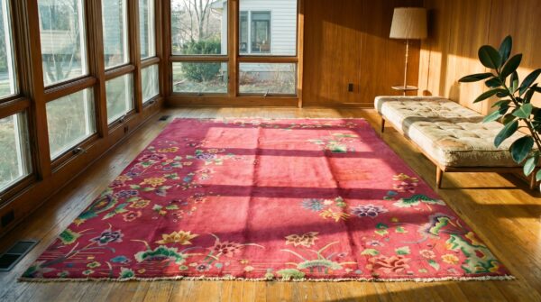 Chinese art deco 1920s antique rectangle knotted room size coral wool rug 6 Chinese art deco 1920s antique rectangle knotted room size coral wool rug (sku 21964) - room view