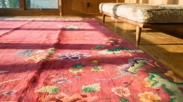 Chinese art deco 1920s antique rectangle knotted room size coral wool rug 7 Chinese art deco 1920s antique rectangle knotted room size coral wool rug (sku 21964) - in-room detail