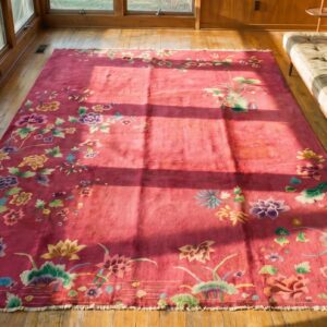 Chinese Art Deco 1920s Antique Rectangle Knotted Room Size Coral Wool Rug (SKU 21964) - styled overhead view