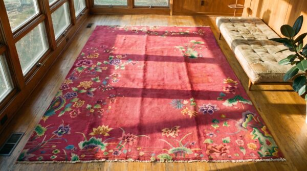 Chinese art deco 1920s antique rectangle knotted room size coral wool rug 2 Chinese art deco 1920s antique rectangle knotted room size coral wool rug (sku 21964) - styled overhead view