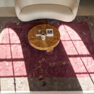 Chinese - Art Deco Knotted Antique 1920s Room Size Rectangle Purple Wool Rug (SKU 25719) - styled overhead view