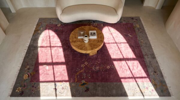 Chinese - art deco knotted antique 1920s room size rectangle purple wool rug (sku 25719) - styled overhead view