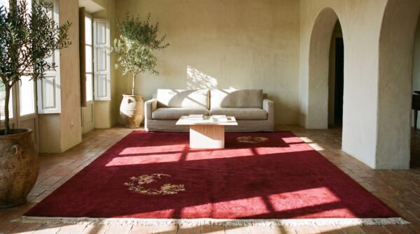 Antique chinese - art deco wool 1920s room size red knotted rectangle rug 5 Antique chinese - art deco wool 1920s room size red knotted rectangle rug (sku 22268) - room view