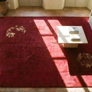 Antique Chinese - Art Deco Wool 1920s Room Size Red Knotted Rectangle Rug (SKU 22268) - styled overhead view
