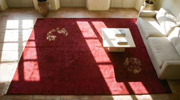 Antique chinese - art deco wool 1920s room size red knotted rectangle rug 2 Antique chinese - art deco wool 1920s room size red knotted rectangle rug (sku 22268) - styled overhead view