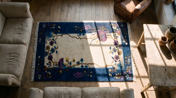Antique chinese - art deco rug 2 Antique chinese - art deco rug (sku 23223) - styled overhead view