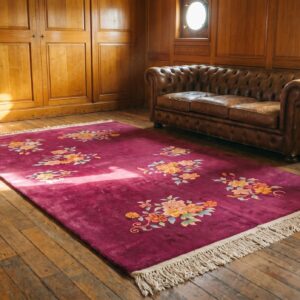 Antique Chinese Art Deco Allover Floral Hand Knotted Coral Pile Rug (SKU 19943) - room view