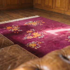 Antique Chinese Art Deco Allover Floral Hand Knotted Coral Pile Rug (SKU 19943) - in-room detail