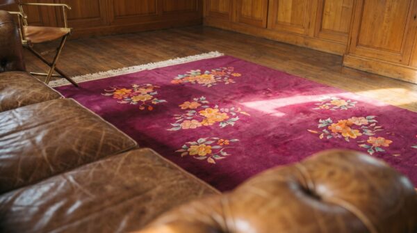 Antique chinese art deco allover floral hand knotted coral pile rug (sku 19943) - in-room detail