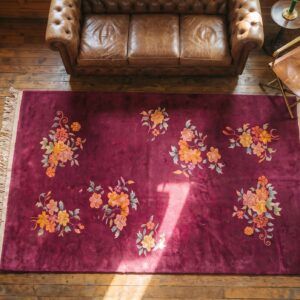 Antique Chinese Art Deco Allover Floral Hand Knotted Coral Pile Rug (SKU 19943) - styled overhead view