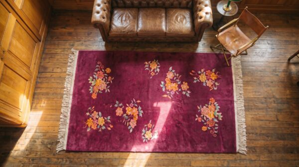 Antique chinese art deco allover floral hand knotted coral pile rug (sku 19943) - styled overhead view