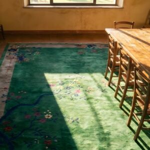 Antique Chinese - Art Deco Chinese Allover Floral Green 1920s Rug (SKU 24929) - styled overhead view