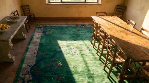 Antique chinese - art deco chinese allover floral green 1920s rug 2 Antique chinese - art deco chinese allover floral green 1920s rug (sku 24929) - styled overhead view