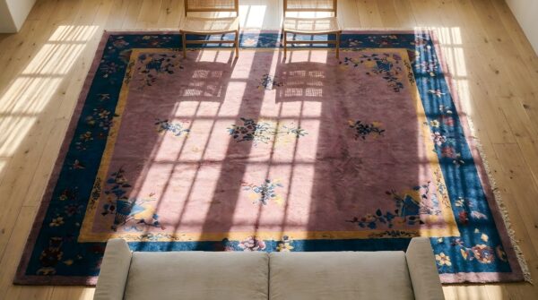 Antique chinese - art deco chinese allover floral purple 1920s rug 2 Antique chinese - art deco chinese allover floral purple 1920s rug (sku 25201) - styled overhead view