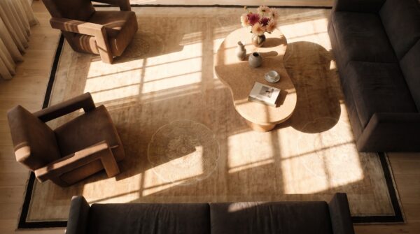 Antique chinese art deco allover geometric hand knotted pile rug (sku 21462) - styled overhead view