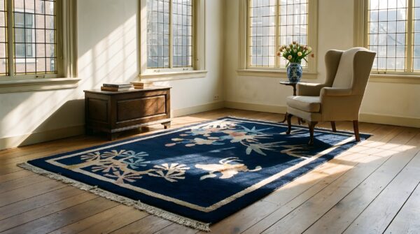 Antique chinese art deco blue square small scatter rug 10 Antique chinese art deco blue square small scatter rug (sku 25045) - room view