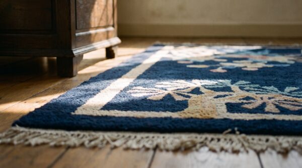 Antique chinese art deco blue square small scatter rug 11 Antique chinese art deco blue square small scatter rug (sku 25045) - in-room detail