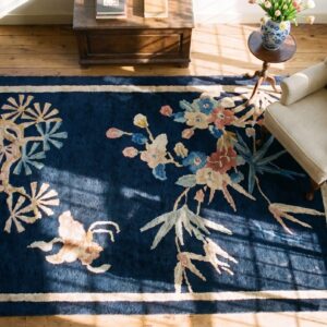Antique Chinese Art Deco Blue Square Small Scatter Rug (SKU 25045) - styled overhead view