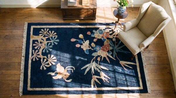 Antique chinese art deco blue square small scatter rug 2 Antique chinese art deco blue square small scatter rug (sku 25045) - styled overhead view