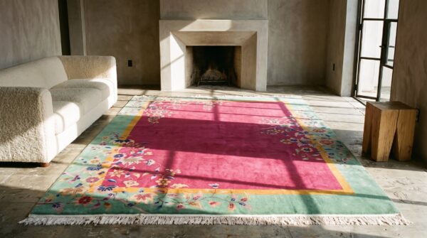 Chinese art deco coral 1920s knotted antique wool rectangle room size rug 5 Chinese art deco coral 1920s knotted antique wool rectangle room size rug (sku 22365) - room view